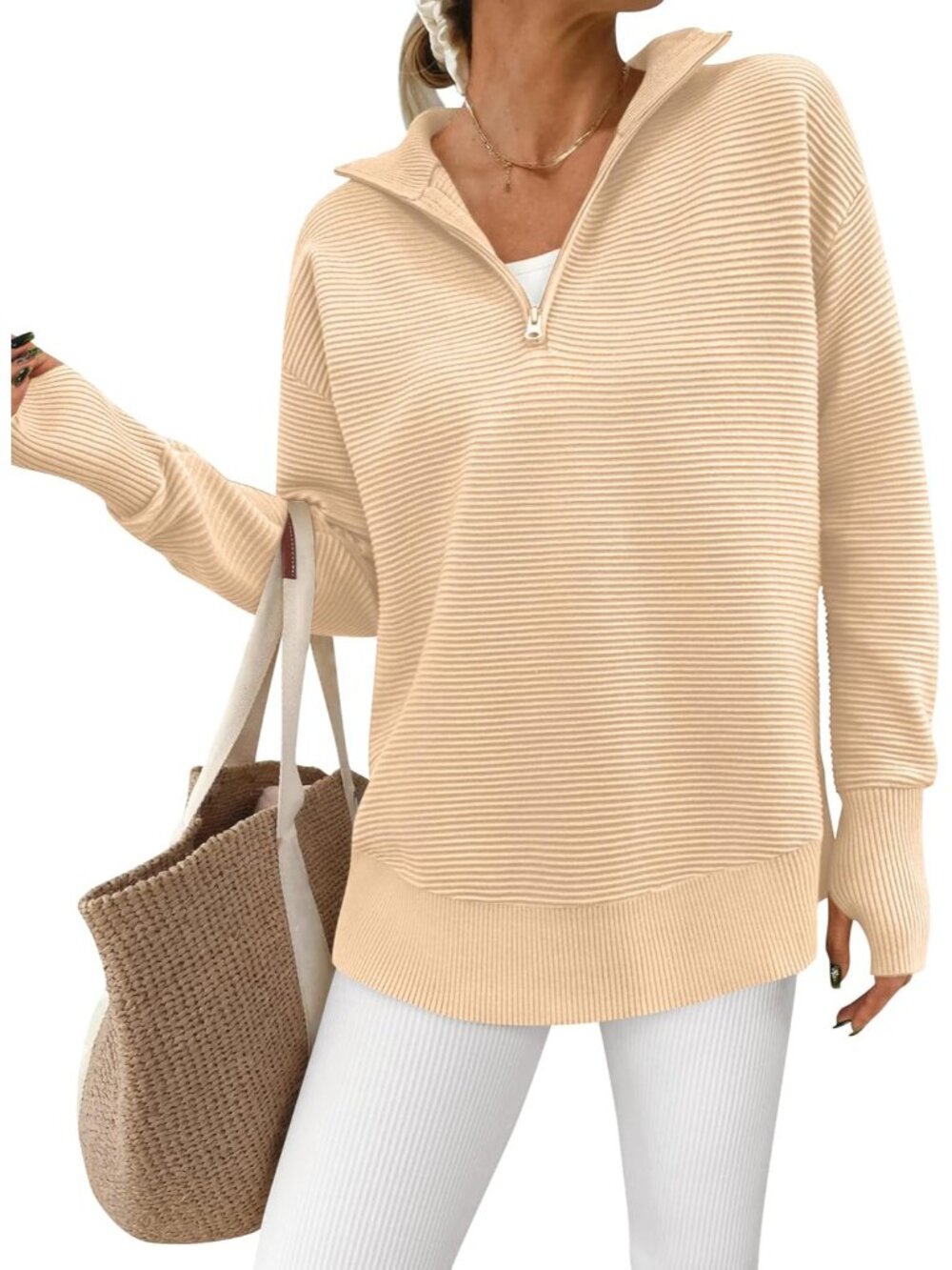 Women's Oversized Long Sleeve Quarter Zip Pullover Sweater